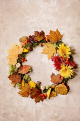 Naklejka na ściany i meble Beautiful Autumn botanical wreath composition creative layout with flowers, moss and yellow autumn leaves over beige concrete background. Flat lay, copy space