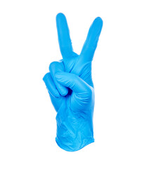 Hand making fighting wearing a blue nitrile medical glove symbol.