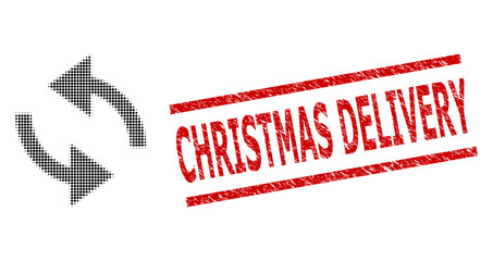 Exchange arrows halftone dotted vector and Christmas Delivery unclean stamp seal. Stamp includes Christmas Delivery caption between parallel lines.