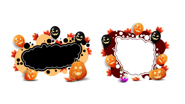 Set of Halloween blank templates in the form of spots with pumpkins Jacks, flask of potion, balloons with Jack face and muple leafs