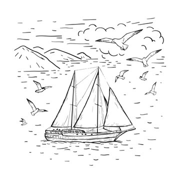 Marine sketch hand drawn vector sailboat, clouds, seagulls. Vintage sailing yacht on the sea. Black line isolated on white.