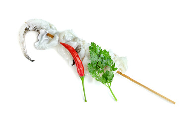 tentacles of squid with skewer isolated on white background