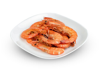 roasted prawn in dish isolated on white background ,grilled shrimp ,include clipping path