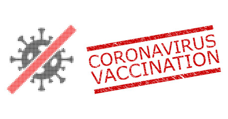 Terminate coronavirus halftone dotted vector and Coronavirus Vaccination textured seal. Seal includes Coronavirus Vaccination tag between parallel lines.
