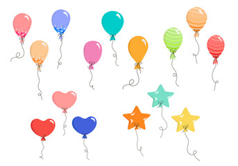 Set of vector balloons in Doodle style, colorful balloons for invitations, postcards, wedding, posters, holidays. Single elements on a white background
