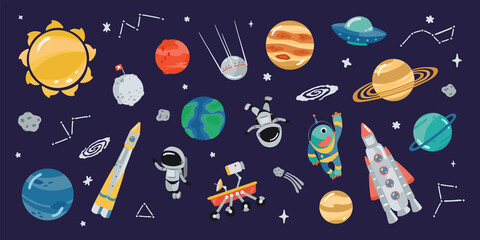 Collection of space icons in cartoon style. Clipart of various elements for your design. Illustrations of planets, rockets, and astronauts. Vector © Irina Gubanova