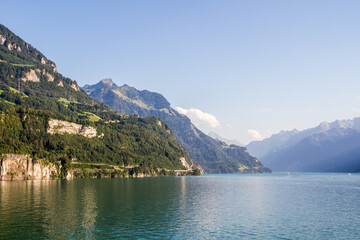 Lake view and mountains at Vierwaldstaetter See (lake of the four forested settlements), Switzerland, from Brunnen