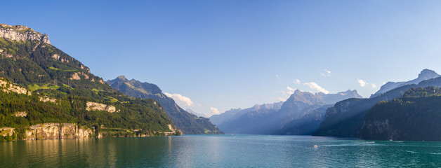 Panorama of Vierwaldstaetter See (lake of the four forested settlements), Brunnen, Switzerland