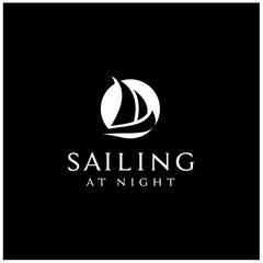 Fototapeta premium Silhouette of Night Sailing Ship Boat at sea ocean logo design 