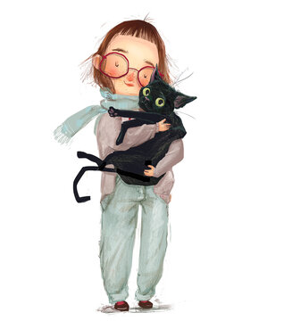 cute cartoon girl with black cat