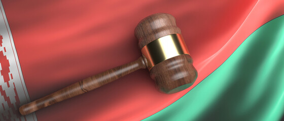 Belarus law. Judge auction gavel on belarusian official national flag waving background. 3d illustration
