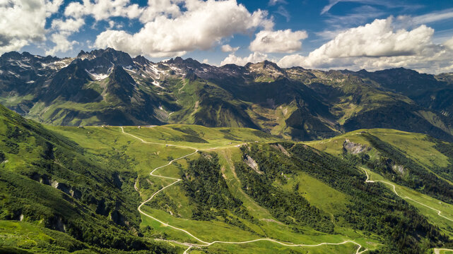 Panoramic drone view of the French Alps in Valmorel France