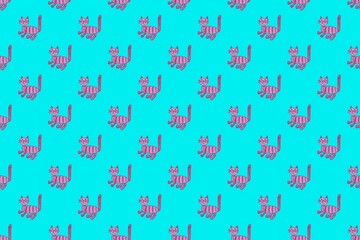 A pattern of pink cats with a proudly raised tail on a blue background. Positive.