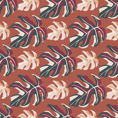 Hand drawn seamless monstera pattern. Navy blue and light tone palette on brick color background.