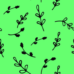 Branches and leaves pattern. Freehand drawing. Seamless picture on a bright background. Vector.
