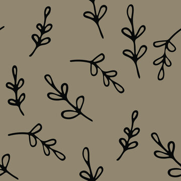 Branches and leaves pattern. Freehand drawing. Seamless picture on a bright background. Vector.