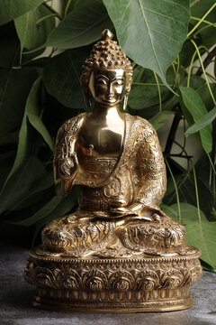 Brass sculpture of Gautam Buddha. over pipal leaves
