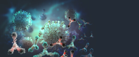 Naklejka na ściany i meble Virus under microscope. Antibodies and viral infection. Immune defense of body. Attack on antigens 3D illustration