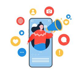 Social media influencer. Illustration with woman holding megaphone. Different social media icons. Vector illustration in flat style.
