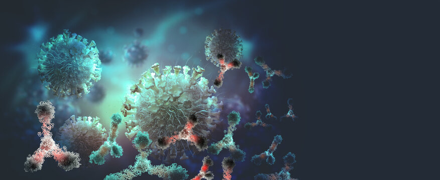 Virus under microscope. Antibodies and viral infection. Immune defense of body. Attack on antigens 3D illustration