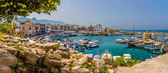 Zelfklevend Fotobehang A panorama of Kyrenia harbour, Cyprus taken from the ramparts of the old fortress © Nicola