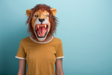 Young woman wearing lion mask with open mouth, isolated on blue background.