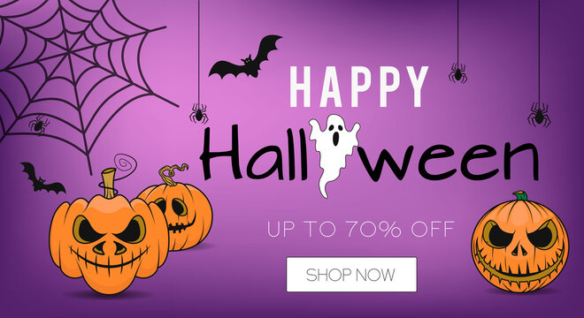 Halloween sale banner. Up to 50% off. Halloween special offer. Pumpkin, witch hat, ghost, spider and bat. Great for banner, voucher, offer, coupon, holiday sale. Vector illustration