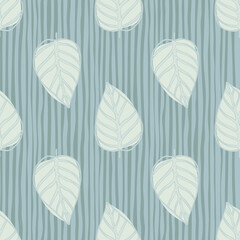 Light blue outline leaves ornament seamless pattern. Stripped background. Simple botanic backdrop.