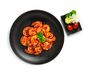 Spicy Korean Shrimps deep fried with chili Sauce Kochujung sprinkle sesame Korean Food