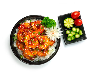 Spicy Korean Shrimps deep fried with rice and chili Sauce Kochujung sprinkle sesame Korean Food