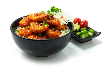 Spicy Korean Shrimps deep fried with rice and chili Sauce Kochujung sprinkle sesame Korean Food