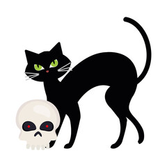 halloween, cute black cat and skull in white background vector illustration design