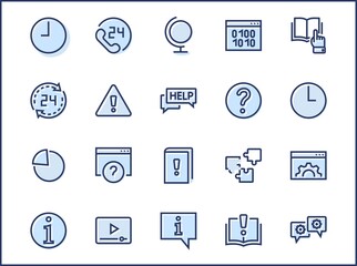 Set of Help And Support Vector Line Icons. Contains such Icons as Handbook, Book, Online Help, Tech Support and more. Editable Stroke. 32x32 Pixels