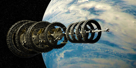 Futuristic Scifi Spaceship travelling into deep space. Extremely detailed and realistic high resolution 3d rendering. Elements of this image have been furnished by NASA. © Sasa Kadrijevic