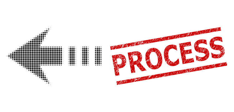Send left halftone dotted vector and Process grunge stamp seal. Seal includes Process caption between parallel lines. Send left vector is composed with halftone pattern which contains circle pixels.