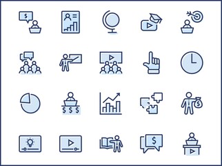 Set of Business Training Related Vector Line Icons. Contains such Icons as Teacher, Class, Presentation, Video, Book, Mentoring, Target and more. Editable Stroke. 32x32 Pixels.