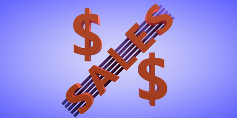 A stylized percentage sign with the inscription sales and the dollar symbol. 3D-visualization