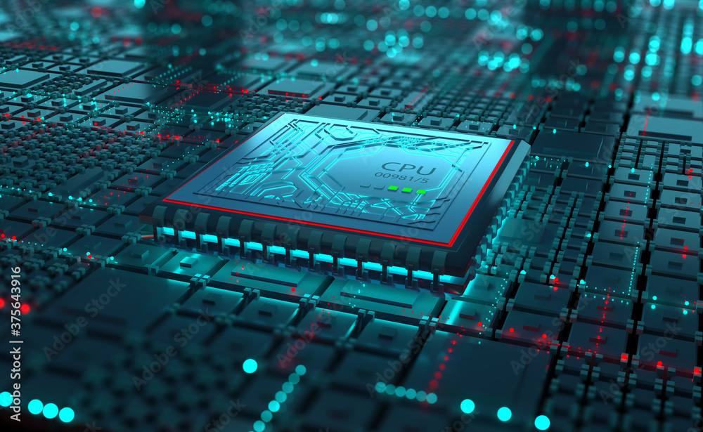 Poster Quantum processor, CPU, futuristic computer circuit. High technology cyberspace. Realistic 3D illustration