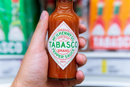 Tyumen, Russia-July 12, 2020: Tabasco hot sauce. Tabasco sauce was started in 1868 and is made from tabasco peppers.