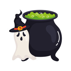 halloween, scary ghost using hat witch with cauldron vector illustration design
