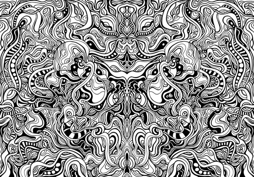 Black and white shamanic abstract symmetrical psychedelic ornaments coloring page.