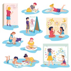 Kids drawing with crayons vector illustrations set. Little children draw pictures pencils and paints laying on floor. Kid lying on her stomach and making drawing on paper. Art, education in preschool.