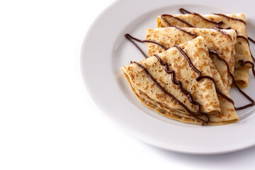 Sweet crepes with chocolate isolated on white background. 	