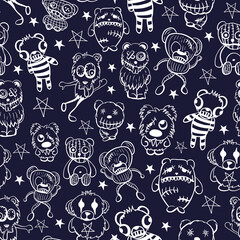 Vector white teddies aliens dark seamless pattern