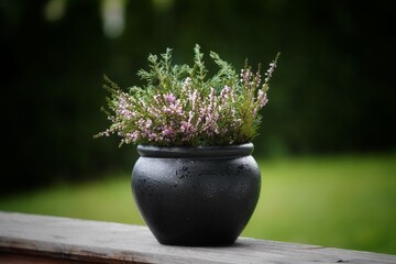 a black flower pot on the balcony with heather and juniper