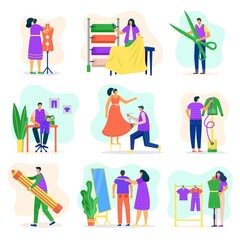 Fashion designer, dressmaker set, tailoring, measuring and sewing for customers cartoon vector Illustrations. Fashionable clothes and new-fashioned store design. Clothing industry.