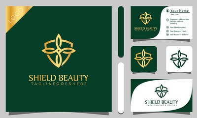 Gold shield beauty lotus luxury logos design vector illustration with line art style vintage, modern company business card template