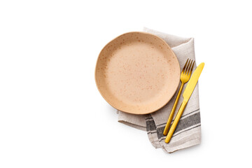 Top view of empty plate isolated on white background