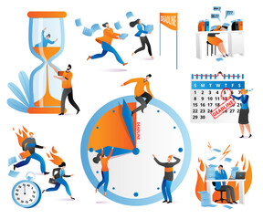 Time management icons human characters, checkboxes, clock, deadline set of vector ilustration. Distribution of priority of tasks, strategic planning, organization of working time, management schedule.