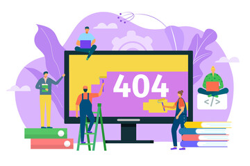 404 error web page design concept, warning sign vector illustration. Laptop screen with error. Small people repair site with problem. Webpage not found, 404 site search alert symbol.